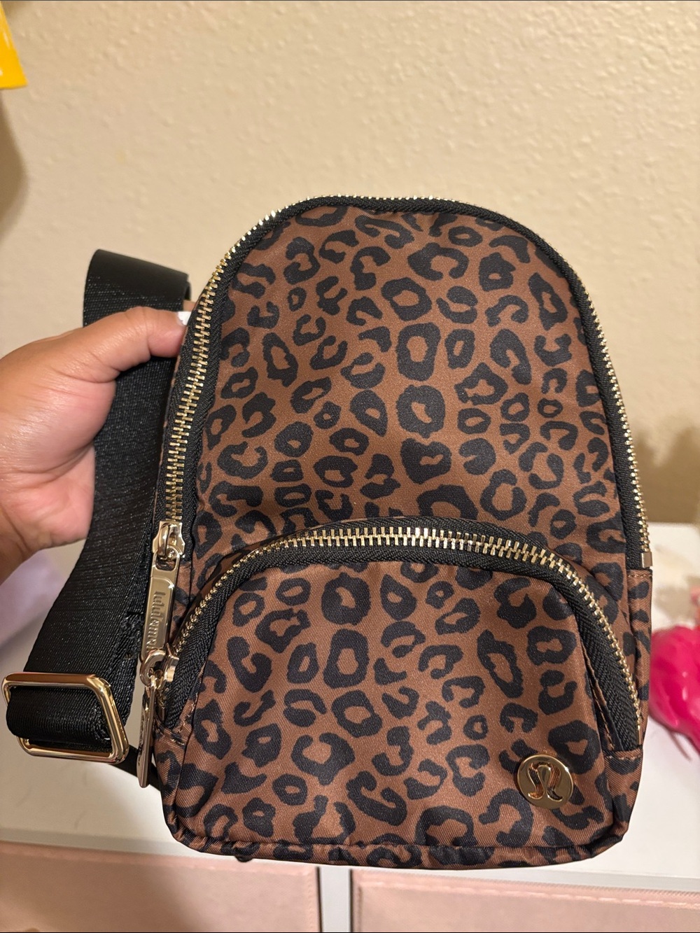 lululemon athletica Leopard Print Brown Crossbody Sling Bag with Black Strap